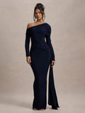 Skew Collar Long Sleeve Sexy Maxi Dress For Women Gown Fashion Backless Draped Ruched Bodycon Club Long Dress Elegant