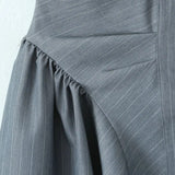 Pbong  Gray Striped Print Ruched Chest Corset Style Bow Halter Sling Dress Women Backless Low Waist Mini Swing Dresses Summer Robe