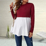 Pbong  Pregnant Women's Fashionable Solid Color Round Neck Splicing Long Sleeved T-shirt Soft Comfortable Pregnant Breastfeeding Top