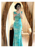 Pbong  Mint Wave een Vaion Strap Fi Tail Long Dr Women's Spring Summer  Print Pleated Waist Cinching Dr