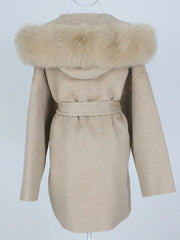 New Oversize Loose Cashmere Wool Blends Real Fur Coat Winter Jacket Women Natural Fox Fur Collar Hood Outerwear Belt