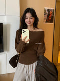 Off The Shoulder Knit Top Pullover Women Lightweight Thin Long Sleeve Plain Jumper Knitwear Autumn Winter Y2K Outfit