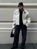 Chic Contrast Spliced Lapel Women's Lamb Wool Jacket Casual Zipper Thick Long Sleeve Coat New Ladies Warm Commute Outerwear