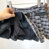 Y2K Checkered Pleated Skirt with Belt Thick Woolen Plaid Short Skirt Teen-girl 9s Preppy Style Autumn Winter Outfit