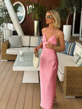 Women Pink Ruffles Edge Backless Lace-up Halter Dress Sexy Sleeveless High Waist Vestidos New Beach Vocation Party Robes