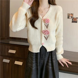 Flower Applique Knit Cardigan Autumn Winter Women Cardigan Sweater Coats Long Sleeve Crop Knitted Jackets Cute Outfit