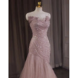 French Party Evening Dress Women's Tail Tail Tail Dress Pink Strap Elegant Host Long Style Adult Gift Customized Wedding Dress