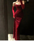 Sexy Sequins Mermaid Evening Dress Women Elegant Bodycon Lace Split Formal Party Long Dresses Korean Slim Vestidos Clothes New