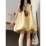 Pbong  Yellow Milk Sleeveless Vest Flower Bud Dress Women's Spring New Small Sweet Holiday Style Fluffy Short Skirt High Waist Gored...