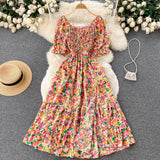 Pbong  Women Fashion Printed Elastic Waist Split A-line Long Dress Vintage Puff Sleeve Chic Lady Dress Summer Beach Outfits
