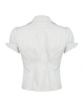 Sweetown Single Breasted Puff Sleeve White Shirts For Women Button Turn Down Collar Pockets Simple Casual Safari Style Tops