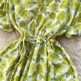 Pbong  Women Dress Fashion Romantic Floral Print Drawstring Waist Long Summer Dress Vacation Korean Party Vestidos