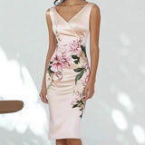 Sexy Bodycon Midi Dress Women Summer Sleeveless V-neck Slim Flower Print Dresses Elegant