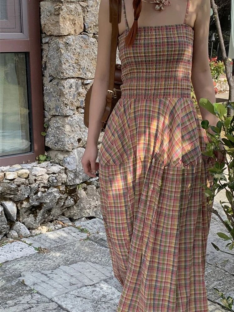 Maxi Dress Women Sweet Colorful Holiday Aesthetic Students Vintage Plaid Party Wear Chic Sleeveless Summer Ins Popular Vestidos