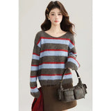 Korean Sweet Striped Sweater Women Sexy V Neck Vintage Knitted Jumper Casual Long Sleeve Female Lazy Wind Pullover Tops New