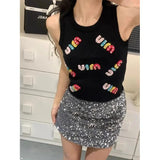 Pbong  Spicy Girl Letter Print Knitted Crop Top Women's Sleeveless Slimming Vest New Inner Wear Fashionable Design