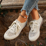 Pbong  Mesh and Suede Lace Up Casual Shoes, Breathable Sneakers with TPR Sole, Comfortable Walking Sport Shoes for Women