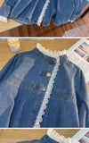 Fashion Lace Denim Shirt Women Clothing Autumn/Winter Retro Loose Casual Jackets Ruffled Collar Long Sleeve Blouses Women Tops