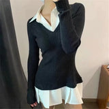 Turn Down Collar Pleat Short Dress Fashion Chic A-line Knitting Women Dress Cotton Blend Student School Dress Academic Style