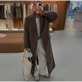 Brown Shoulder Pad Woolen Overcoat Women Elegant Lapel Single-breasted Long Sleeve Coat 2025 Autumn Lady Commuter Outerwear
