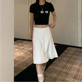 Elegant White Women Satin Skirt Fairycore Ruffle Mid Skirts Coquette A-line Basic Casual Korean Style Summer Silk Skirt