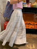 Embroidered Hollow Lace Spliced White Long Skirt 2025 Spring Summer New Elastic Waist Cotton A-line Vacation Beach Boho Skirt