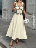 Pbong  Summer Contrast Color Bow V Neck Sweet Temperament High Waist All Match Fashion Dresses