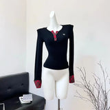 Y2k Vintage T Shirt Women Pathwork Long Sleeve Skinny Plaid Grunge Tops Streetwear American Retro 90s Tshirts Autumn