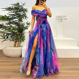 Casual Pleats Women's Long Dresses New Summer Mesh Printed Lady Evening Dress Fashion Strapless Slim Fit Split Party Dress
