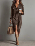 Pbong  New Fall Retro Solid Ribbed Corduroy Dress Woman Elegant Single Breasted Lapel Shirt Dresses Long Sleeve Slit Clothing