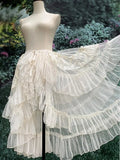 Gothic Lolita Lace Mesh Ruffles Fairy Princess Party Skirt Women Asymmetrical Cute Curtain Sheer Cover Up Thin Long Skirt White