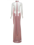 Sexy Deep V-neck Halter Long Dresses Women Shiny Strapless Backless Lace Up Party Dress Lady Elegant Slim Fit Robes Evening