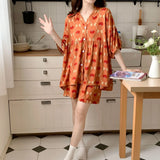 Pbong  Loose Floral Printing Pajama Set Summer New Women Night Wear Pj Set Half Sleeve Knee V-neck Sleepwear Femme Nightie