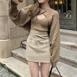 Women's Knitted Shrug Cardigan with Vest Cami Top One button front Crop Bolero Tops Teen-girl Autumn Winter Y2K 90s Outfit