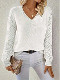Long Sleeve Pointelle Knit Top Pullovers Women Sweater Openwork Long Sleeve V-neck Jumper Fall Winter Blusas Para Mujer Outfit