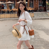 Lantern Sleeve White Vacation Short Dress A-line Loose Fashion Summer Dress Cotton Blend Hollow Out Embroidery  Dresses 2025 New