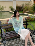 Gradient Fall 2025 Fashion Woman Oversize Graphic T Shirts Long Sleeve Top Cowls Blue Tee Autumn Streetwear Clothing