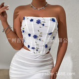 Fashion High Street American Strapless Corsets Shaper Exquisite Flower Embroidery Appliques Tank Top Y2k Summer All Match Tees