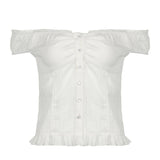 Pbong  Fashion Off The Shoulder Lace Patchwork White Blouse Women's Chic Single Breasted Slimming Tops Y2K Aesthetic Shirts New