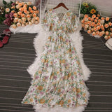 Pbong  Romantic Floral Print Chiffon Maxi Dress Women Sexy V-neck Backless Beach Vestidos Elegant Elastic Waist Party Dress