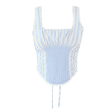 Pbong  Lace Spliced Striped Corset Camis Women Cross Lacing Up Bandage Back  Square Neck Summer Tank Top Slim Fit Crop Top