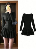Pbong  Women's Long Sleeve Ruffled Hem Short Dress, Autumn Fashion, Slim Fit, Solid Color