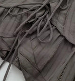 Women Fashion Grey Pleated Backless Ruffled Cropped Tops Vintage Thin Straps V-Neck Female Chic Lady Crop Top