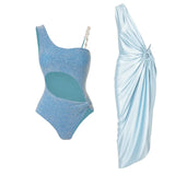 New Aqua blue High Waist Bikini Set Cover Up Swimsuit For Women Push Up Halter Three Pieces Swimwear Beach Bathing Suits