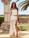 Women's Ruffled Strapless Top Skirt Suit Sexy Sleeveless Vest Mesh Splice Long Skirt Irregular Lady See Through Dress Set