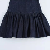 Sleeveless A-line Pleat Denim Short Dress New Navy Blue O Neack Zipper Fashion Summer Dress Streetwear Woman Clothing