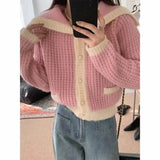 Sailor Collar Sweater Cardigan for Women Soft Waffle Knit Button Front Sweater Jacket Teen-girl Fall Winter Classic Chic Outfit