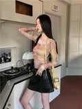 Vintage Tie Dye T Shirt Women Flare Sleeve Mesh Tops Irregual Y2k Retro Crop Tops Streetwear Japanese 2000s Tshirts