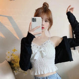 Summer Lace Bow Camisole for Women Pleated Crop Tops Vintage Clothes Harajuku Solid Sexy Ladies Sweet Elegant Camisole