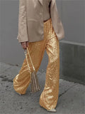 Pbong  Women Sequin Wide Leg Pants Stretchy High Waist Loose Straight Trousers Club Party Elegant Long Pants Streetwear